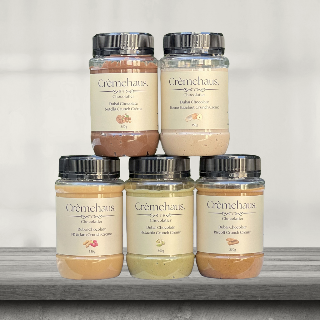 Dubai Chocolate crunch jars. Flavours include Pistachio, Bueno, Biscoff, Nutella and Peanut Butter and Jam
